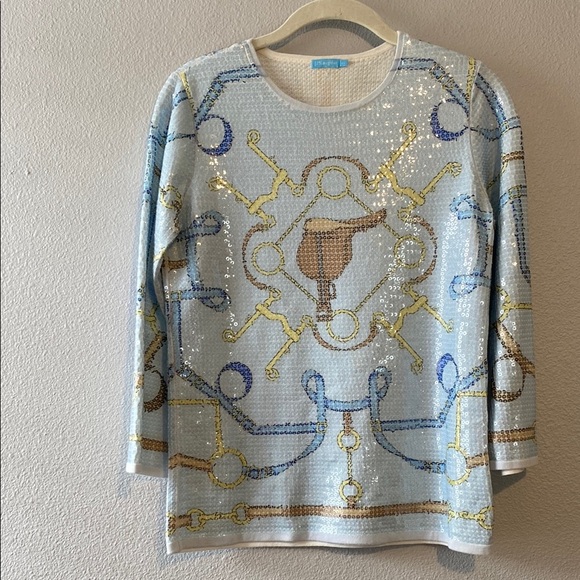 . MCLAUGHLIN ☆ Corali Sequin Sweater Top ☆ Blue Equestrian Pattern - Picture 2 of 5
